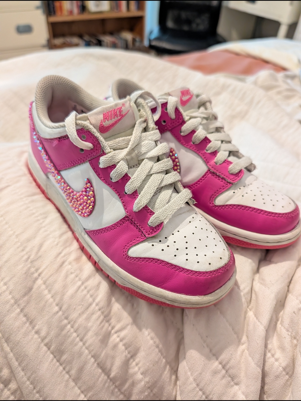 Nike Kids Pink and White Low-Top Sneakers with Crystal Swoosh